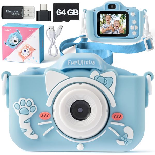 FurUlixty Upgraded Kids Camera Toys - Kids Digital Camera with Soft Silicone Cover, 1080P HD Selfie Video Camera for Boy Girl Toddler, with 64G SD Card, 3Hrs of Ultra-Long Battery Life (Azure Cat)