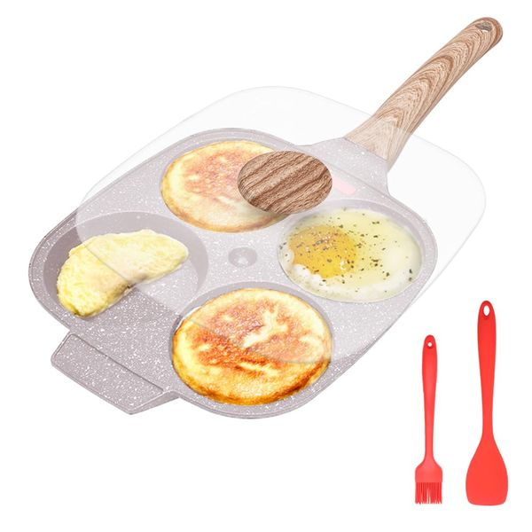 Bobikuke Egg Pan, Egg Frying Pan with Lid Nonstick 4 Cups Pancake Pan Fried Egg Pan for Breakfast, Gas Stove & Induction Compatible (White)