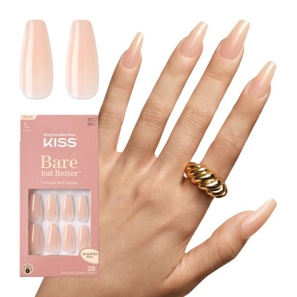 KISS Bare but Better Glue-On Nails, künstliche Fingernägel, Glossy Beige Nude, lange Länge, Coffin Form