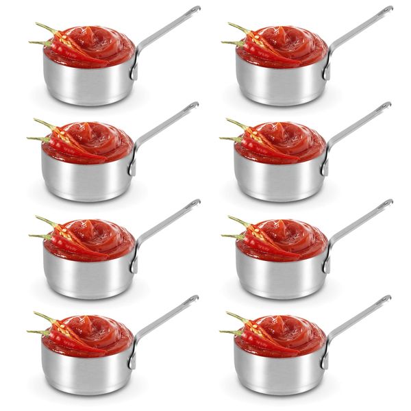 8Pcs 100ml/3.38oz Stainless Steel Sauce Cup, Mini Saucepan Sauce Bowl Soup Pot Condiment Sauce Cups Container Round Condiments Ramekin Dipping Sauce Seasoning Bowls with Handle for Gravy, Pepper