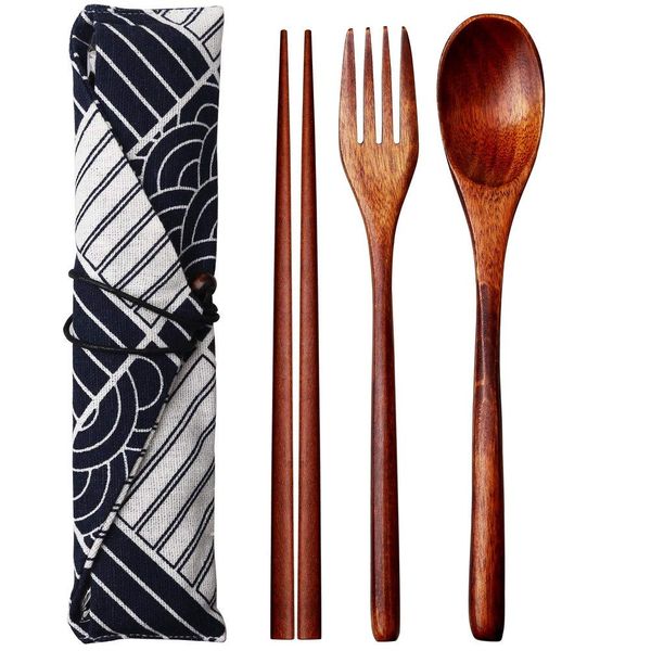 nuoshen Wooden Tableware,3PCS Japanese Style Wooden Cutlery Set in an Oriental Style Pouch with 1 x Spoon, 1 x Fork, 1 x Chopsticks with Pouch Sushi Dinnerware Tableware for Family Travel