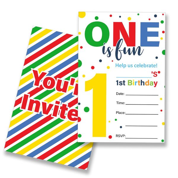 EUDOSI One is Fun 1st Birthday Party Invitations Supplies Fill-In Set of 20 with Envelopes Polka Dot 1st Birthday Bash Invites Cards, Double Sided