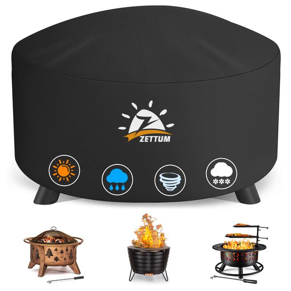 Zettum Fire Pit Cover Round 36 Inch - Outdoor Firepit Cover Heavy Duty & Waterproof, 600D Patio Fire Table Cover Gas Fire Pit Accessories Fade & Weather Resistant - 36 x 36 x 20 Inch