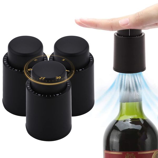 CMD Wine Stopper Set of 3 Wine Stoppers for Longer Freshness, Vacuum Storage, Antioxidant, Champagne Stopper, Vacuum Stopper, Wine Storage, Portrait and Horizontal, Date Function