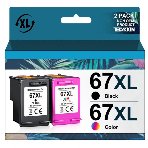 TECKKIN 67XL Ink Cartridges Black/Color Combo Pack Replacement for HP Ink 67 67XL for HP DeskJet 2700 2700e 2755e 2755 4155e 4155 Envy 6055e 6455e 6400 6055 Envy Pro 6452 6458 6475 (1 Black, 1 Color)