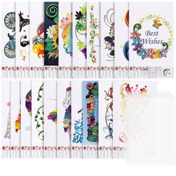 Rancco 20 Pcs Quilling Paper Stencils + 10 Pcs PVC Sheets, A4 Quilling Art Template Paper Filigree Pattern Origami Template, Wall Art Filigree