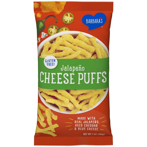 Barbara's Jalapeño Cheese Puffs, Gluten Free, Real Aged Cheese, 7 Oz Bag (Pack of 12)