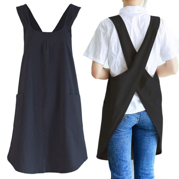 NEWGEM Japanese Linen Cross Back Kitchen Cooking Aprons for Men with Pockets for Baking Painting Gardening Cleaning Black