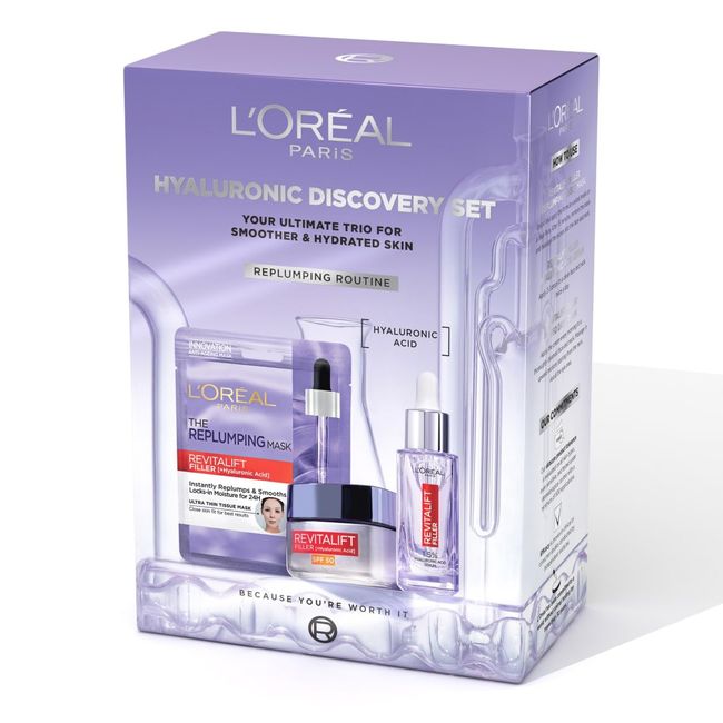 L'Oréal Paris Hyaluronic Discovery Set Gift Set - Revitalift Filler 1.5% Hyaluronic Acid Serum, Day cream and Replumping Tissue Mask