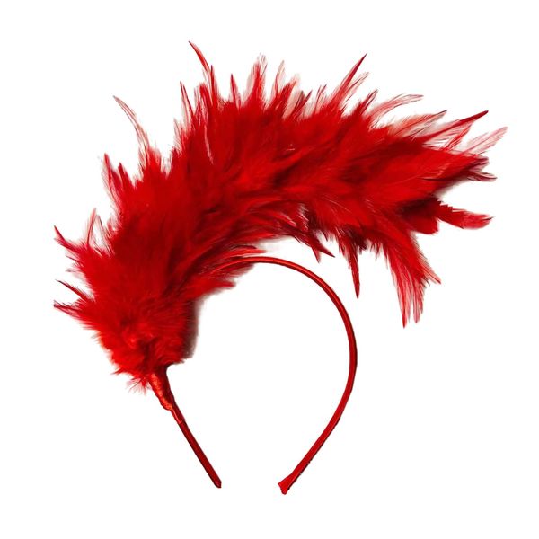 FUNLOV Colorful Feather Headband, Fascinator Headbands, Cosplay Hair Bands,Carnival Party Headdress, Rainbow Headband Feather Headdress Costume Easter Day, Wedding, Halloween Party (1PC, Red)