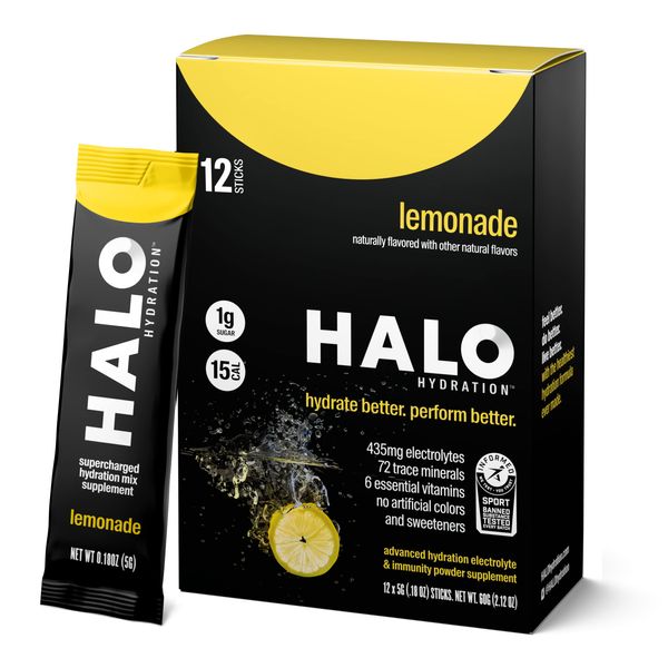 Halo Hydration Electrolyte Powder Packets – Lemonade - 12 Servings (5g Each) - Organic Hydration Drink with Low Sugar + Essential Vitamins + Minerals - Vegan - Immunity Booster