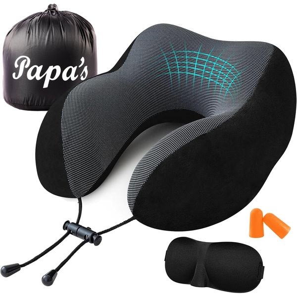 PAPA'S ® Travel Pillow Comfortable Neck and Head Support travel pillow for airplane Cars Trains Office Memory Foam Neck Pillow for travel Set with eye mask for sleeping ear plugs and a carry bag