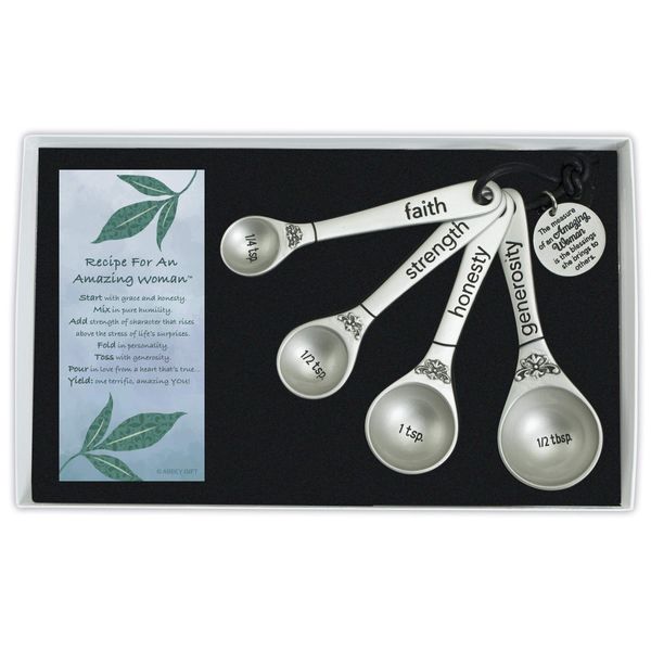 Amazing Woman Measuring Spoon Set, Decorative Gifts and Kitchen Accessories, 4 Spoons, Engraved Pewter and Silver Enamel, By Abbey & CA Gift