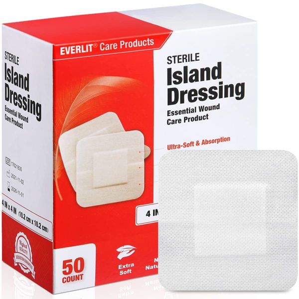 EVERLIT Island Dressing Bordered Gauze | Large Wound Care Bandage with Adhesive Border| Sterile, Soft & Highly Absorbent Medical Grade Dressing Pad (4x4 Inch (Pack of 50))