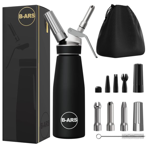 B-ARS Professional Cream Whipper - Versatile Whipped Cream Dispenser & Maker, 500ml Aluminum Body, with Extra Nozzles and Storage Bag