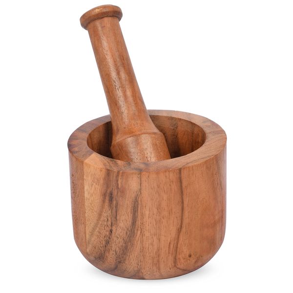 Samhita Acacia Wood Mortar and Pestle for Garlic Pepper Herb Crusher Kitchen Utensils, Housewarming Gift Mortar size(Cm): 10.16cm x 7.62cm Pestel Size (CM): 13.97cm