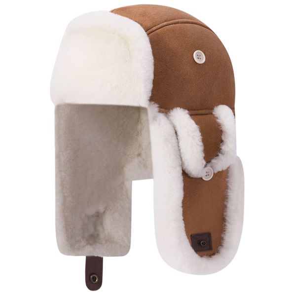 Harssidanzar Lammfell Shearling Wintermütze für Herren und Damen Echtes Leder Trappermütze Fliegermütze Aviatormütze Hut mit Ohrenklappen CU603EU, Kamel, Größe L