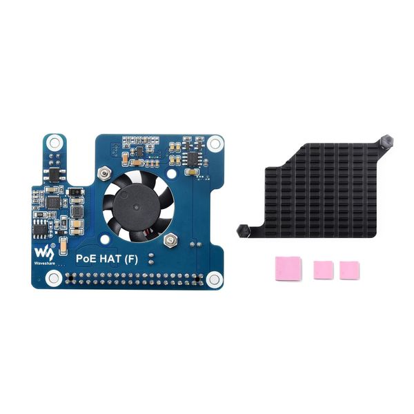 Waveshare PoE HAT (F) Compatibele with Raspberry Pi 5, High Power, Onboard Cooling Fan, with Metal Heatsink, Supports 802.3af/at Network Standard