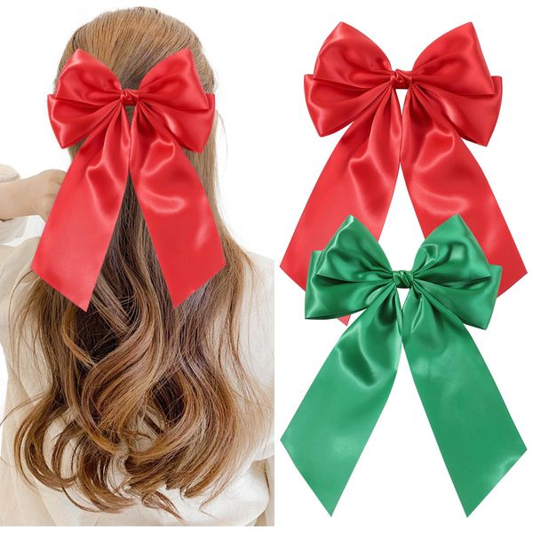 YLEN YHXX 2PCS Bow Clips for Women Big Christmas Hair Bows for Girls Long Bow Hair Clips Ponytail Holder Silk Christmas Hair Accessories for Women Girls Teens (Green&Red)