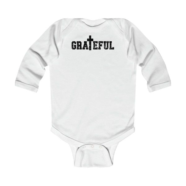 Infant Long Sleeve Bodysuit, Grateful Christian Inspiration Affirmation - White / 12M