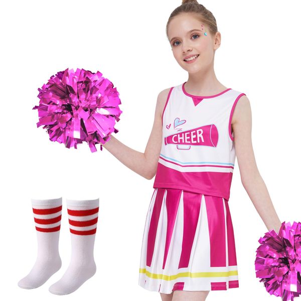 PARTTELY Girls Cheerleader Costume Outfit Set, Cheerleading Outfit Cheer Uniform for Halloween Birthday 3-10 Years