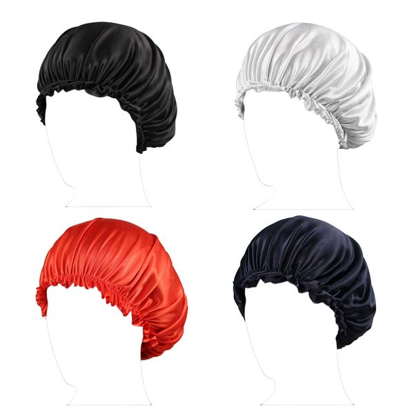 Tbrand Deepth 4 Pieces Satin Sleep Cap Satin Bonnet Night Head Cover Sleeping Soft Hair Turbans for Women and Girls, Black,white,red,navy, X-Large