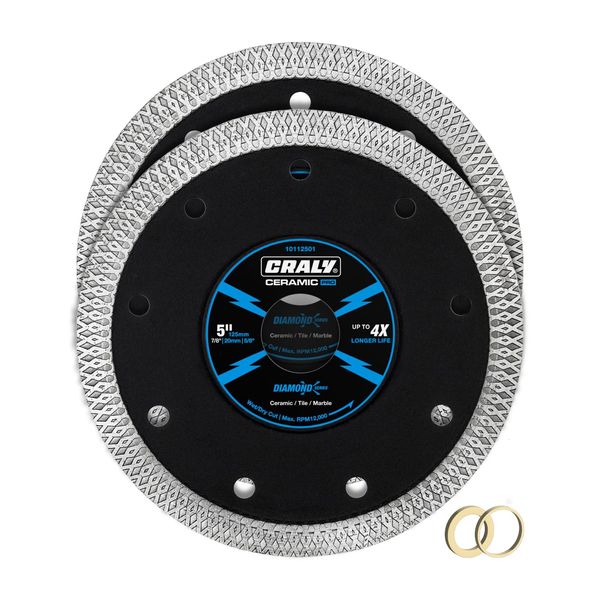 CRALY 5 Inch Ultra Thin Diamond Saw Blade for Angle Grinder, 7/8 Inch Arbor, Cutting Wheel with Integrated Flange, Wet/Dry Cutting, for Ceramic, Tile, Marble, Granite, Brick, Porcelain, 2-pk