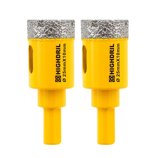 Dry Diamond Core Drill Bit,HIGHDRIL 2pcs Diameter 25mm 1" with Triangle Shank Vacuum Brazed Hole Saw for Concrete Granite Marble Glass Porcelain Tile Masonry Brick