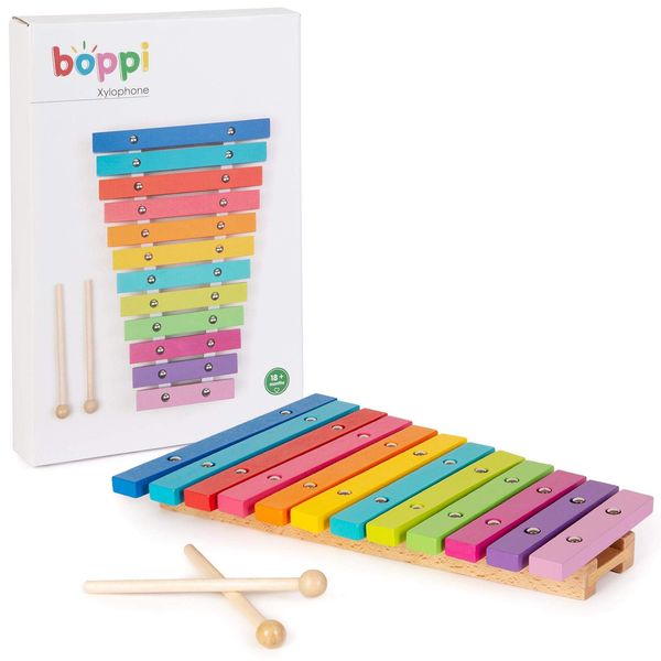 boppi Natural Wooden Musical Xylophone Toy Instrument for Toddlers and Baby with 2 Wood Mallets and 12 Rainbow Coloured Keys for Kids and Children 32CM Long aged 18 months and Up