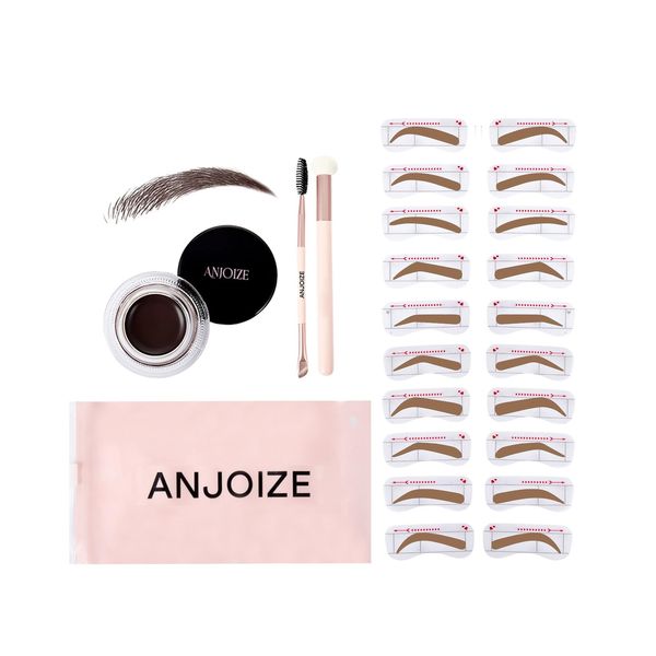 Anjoize Eyebrow Stamp Stencil Kit,20PCS Eyebrow Stamping,Eyebrow Stencils Perfect Eyebrow,Brow Trio Kit with Sponge Applicator,Eyebrow Pomade,and Dual-Ended Eyebrow Brush(Light brown)