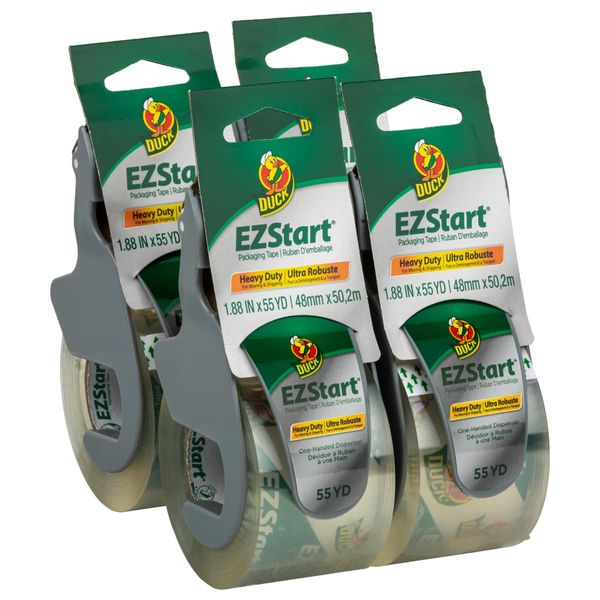 Duck EZ Start Packaging Tape, 4 Rolls with Dispensers, 220 Yards, Clear Packing Tape for Mailing, Moving, Shipping & Storage, Quiet Easy Start Tape for Boxes & Shipping, 1.88 in. x 55 Yd. (287731)