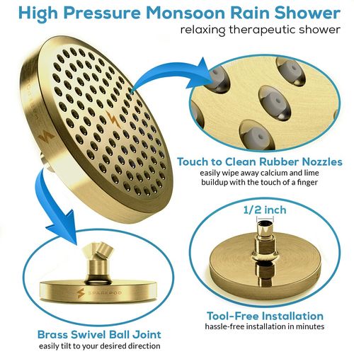 SparkPod Fixed Shower Head - High Pressure Rain - Luxury Modern Look - Easy No-Tool Installation - Perfect Adjustable Replacement for Your Bathroom Shower Heads (15 cm Round, Polished Antique Brass)