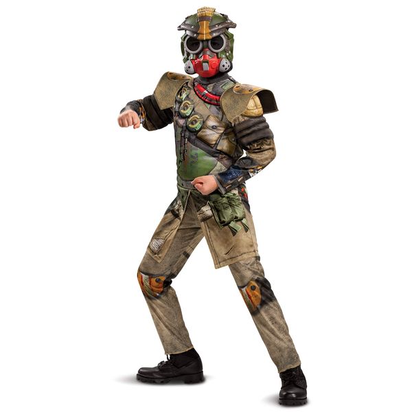 Apex Legends Bloodhound Costume, Video Game Inspired Muscle Padded Jumpsuit and Mask, Child Size Medium (7-8),Green & Tan