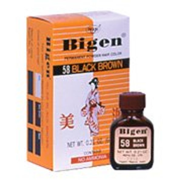 Bigen Permanent Powder Hair Color, #58 Black Brown - Color Powder 0.21 oz (6 g), Measuring Cup 1 pc. per box (Solstice)