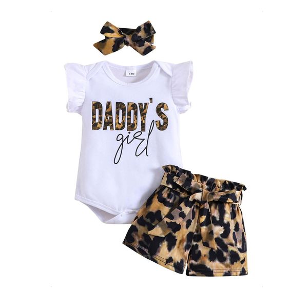 KONFEN Baby Girl Outfits Leopard Print Romper Bodysuit + Shorts + Headband + Waistband 4PCS Set, Newborn Baby Girl Summer Clothes Jumpsuit Infant Outfit Set for 3-6 Month