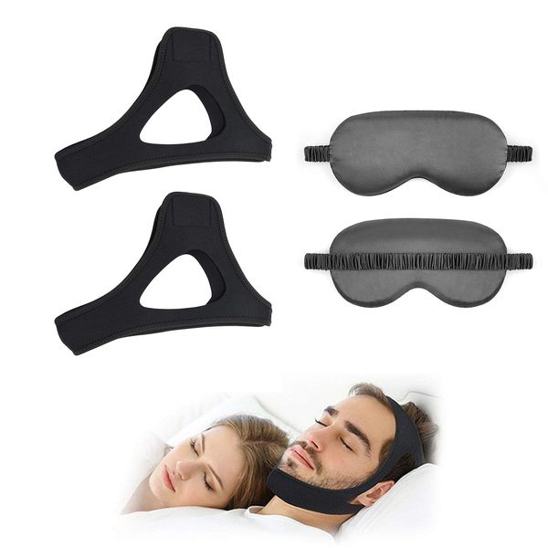 2PCS Black Anti Snoring Chin Strap and 2 Pc Black Eye Mask, Air Flow Jaw Strap, Chin Strap, Adjustable and Breathable Anti Snoring Devices for Man Women and Older Users to Keep Mouth Closed