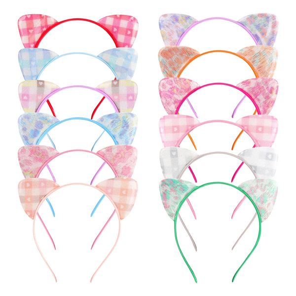 Tbestmax 12 Cat Ear Headbands Cute Flower Cat Headwear for Women and Girls Cat Costume Cosplay Daily Decorations Bunny Bow Headwear