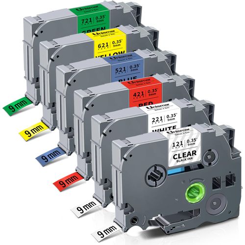6-Pack TZe TZ Tape 9mm 0.35" Laminated Colored Compatible for Brother P Touch Label Tape 3/8 Inch for PT-D210 D220 H110 D400 Label Maker, Clear/White/Red/Blue/Yellow/Green