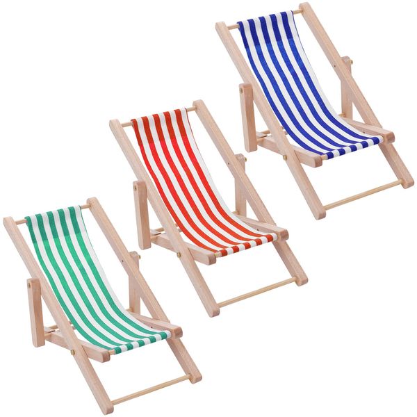 cobee Miniature Dollhouse Beach Chair, 3 Pieces Mini Folding Wooden Beach Chair Dolls House Mini Deck Chair Dollhouse Furniture Accessories for Indoor Outdoor