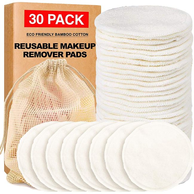 Reusable Cotton Pads (30 Pack), Cotton Wool Pads, Environmentally Friendly Gifts Washable Cotton Wool Rounds, 320 GSM Thick Bamboo Face Pad with Mesh Laundry Bag, Extra Value Pack