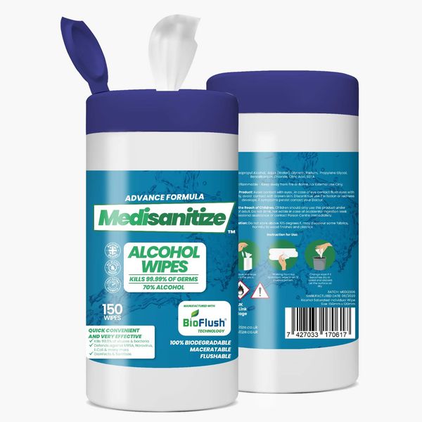 Antibacterial Wipes for Surface Cleaning - 100% Biodegradable BioFlush Technology 70% Alcohol Wipes - 150 Sanitiser Wipes