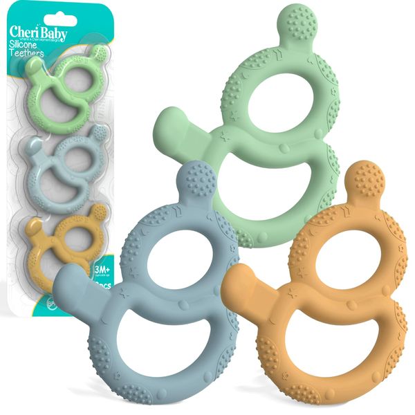 Baby Teething Toys for Babies 0-6 Months Set of 3, Cheri Baby Teether for Teething Relief, 100% Food-Grade Silicone Baby Toys 6-12 Months, BPA Free Soft & Textured 8-Shape Sensory Toys for Sore Gums