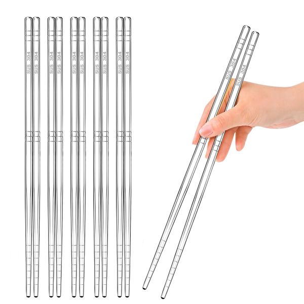 5 Pairs Premium Stainless Steel Chopsticks Dishwasher Safe, Non-Slip Metal Chopsticks Mirror-Polished Reusable, Lightweight Square Chop Sticks Gift Set, Silver