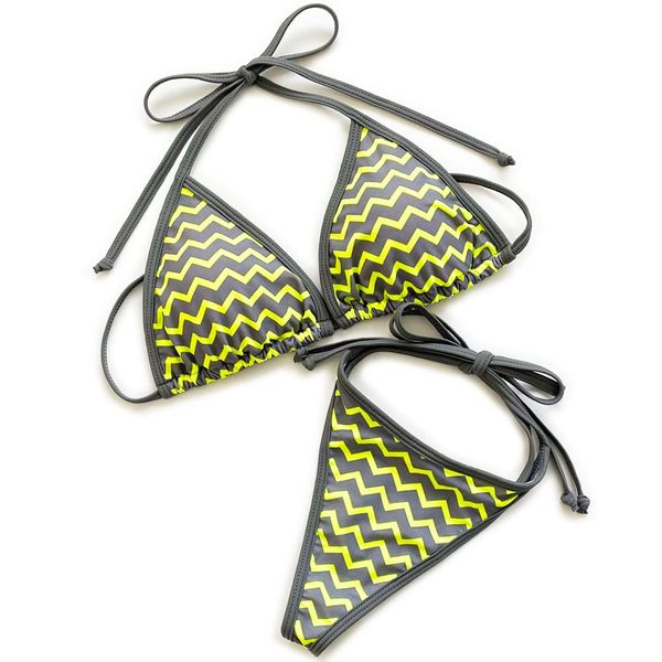 Julius Women's Zig Zag Thong Triangle Bikini Tie Tie Type Triangle Swimwear Swimsuit Stretch