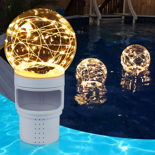 DeeprBlu Pool Chlorine Floater with Solar Ball Light, Floating Chlorine Dispenser for 3'' Chlorine Tablets, Chlorine Tablet Floater Chemical Dispenser Easy Opening, Bromine Tablet Holder for Pool, Spa