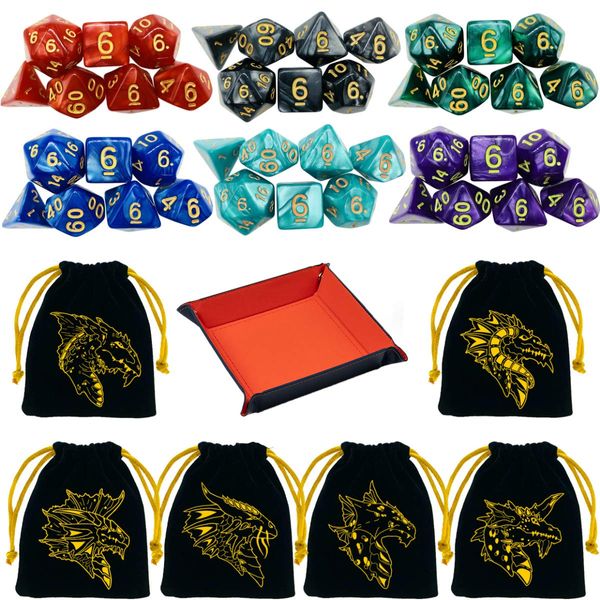 6 Sets DND Dice Polyhedral Dice Dungeons and Dragons Rolling Dice for RPG MTG Table Games Dice Bulk with Free Six Drawstring Bags and PU Leather D&D Dice Tray