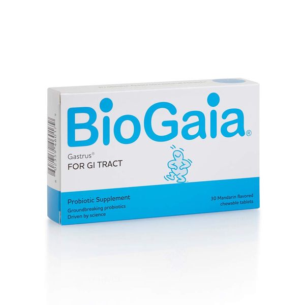 BioGaia Gastrus Chewable Tablets, Adult Probiotic Supplement for Stomach Discomfort, Constipation, Gas, Bloating, Regularity, Non-GMO, 30 Tablets, 2 Pack