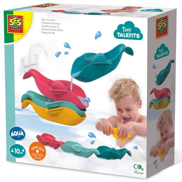 SES Creative: Fish in A Row - 4 Fish Boats, Linking Colorful Toy Boats, Stacking & Scooping, Bathtime Play & Water Activity, Baby-Toddler-Kids 10mo+