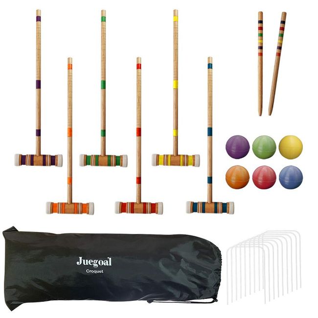 Juegoal Six Player Croquet Set with Wooden Mallets Colored Balls for Lawn, Backyard and Park, 28 Inch