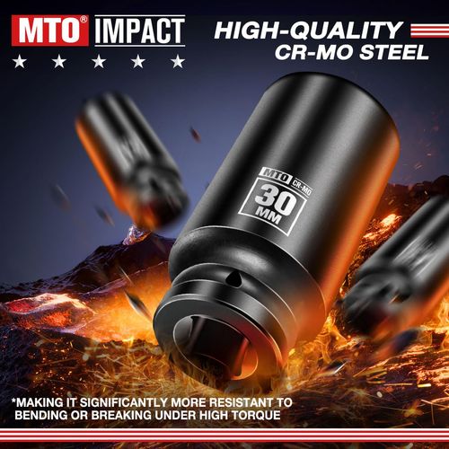 MTO 1/2" Drive 30mm Deep Impact Socket, 6 Pt. Metric Socket, CR-MO Steel & Anti-Corrosion Coating for Heavy-Duty Use